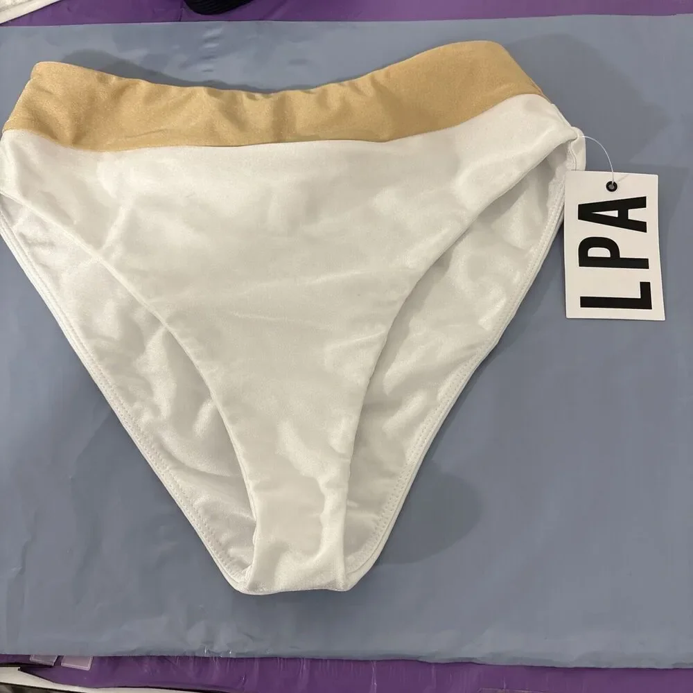 LPA Foster High Waist Bikini Bottom White &‎ Gold Size S Swimwear Colorblock